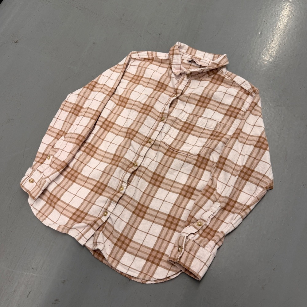 SO Goods For Life Tan White‎ Plaid Flannel Button Down Shirt Womens Small S - Picture 10 of 10